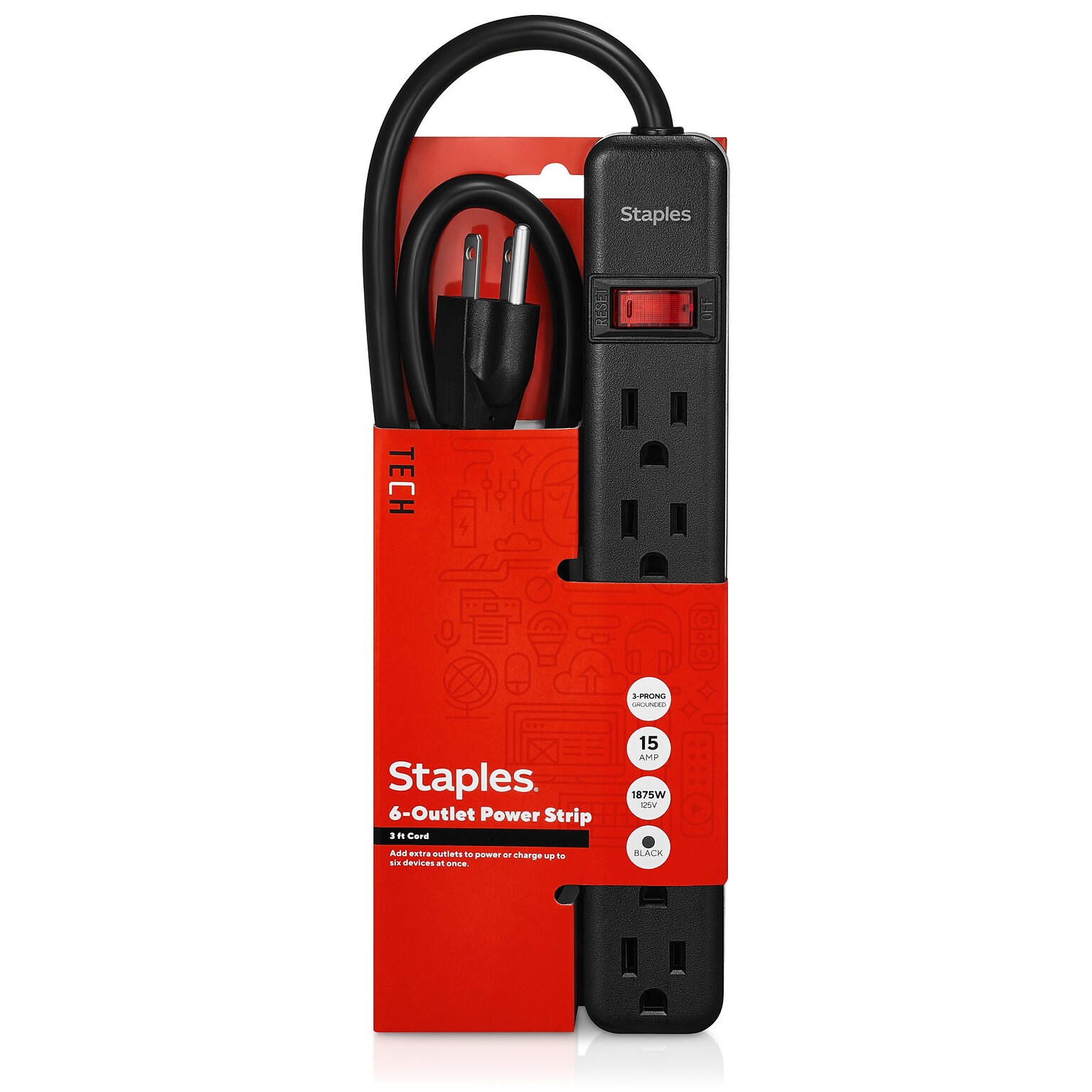 Staples TECH 6-Outlet Power Strip, 3 Cord, Black (22148)