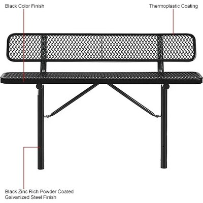 Global Industrial 6' Outdoor Steel Bench w/ Backrest, Expanded Metal, In Ground Mount, Black (277154IBK)