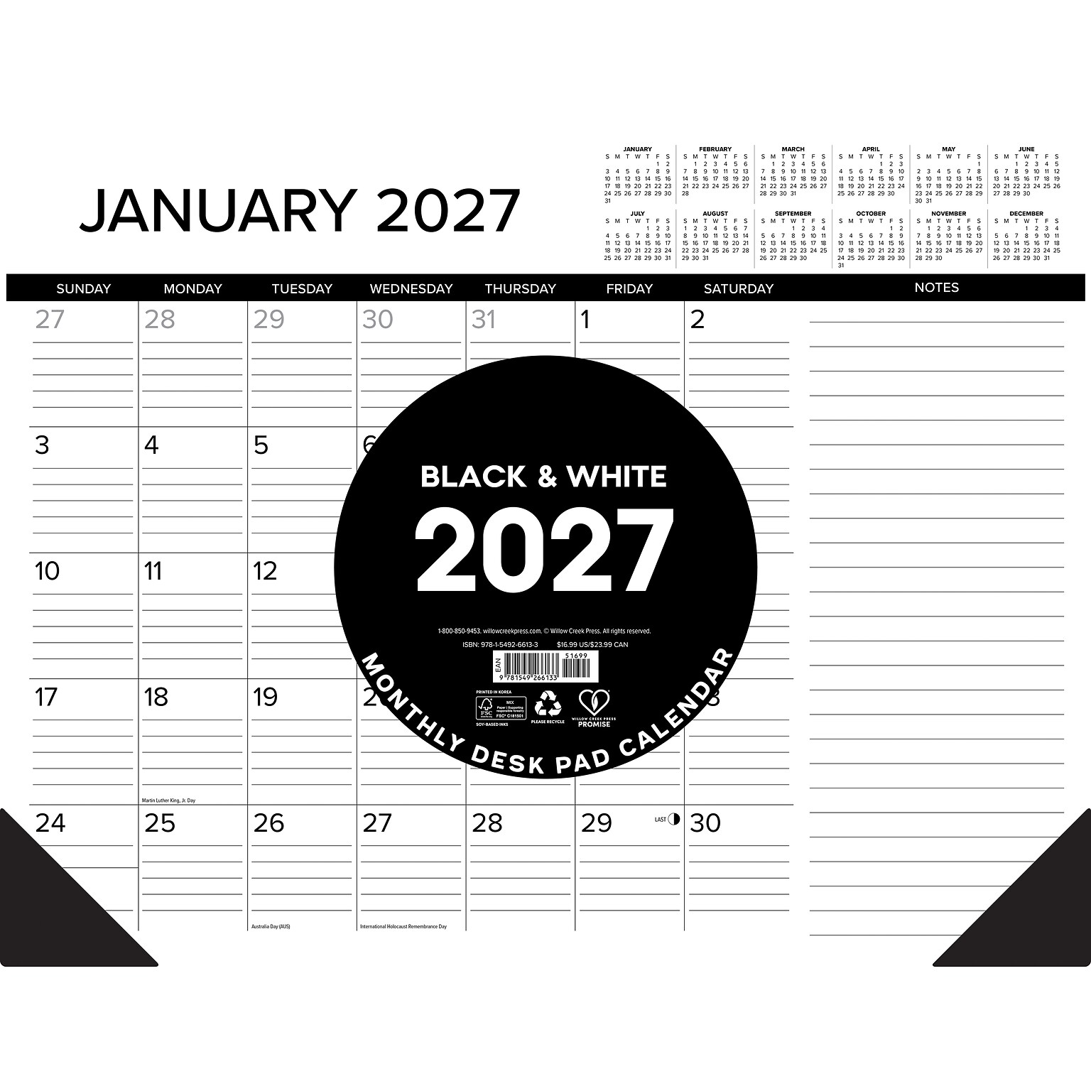 2027 Willow Creek B&W w/Lines 22 x 17 Monthly Desk Pad Calendar, Assorted Colors (66133)