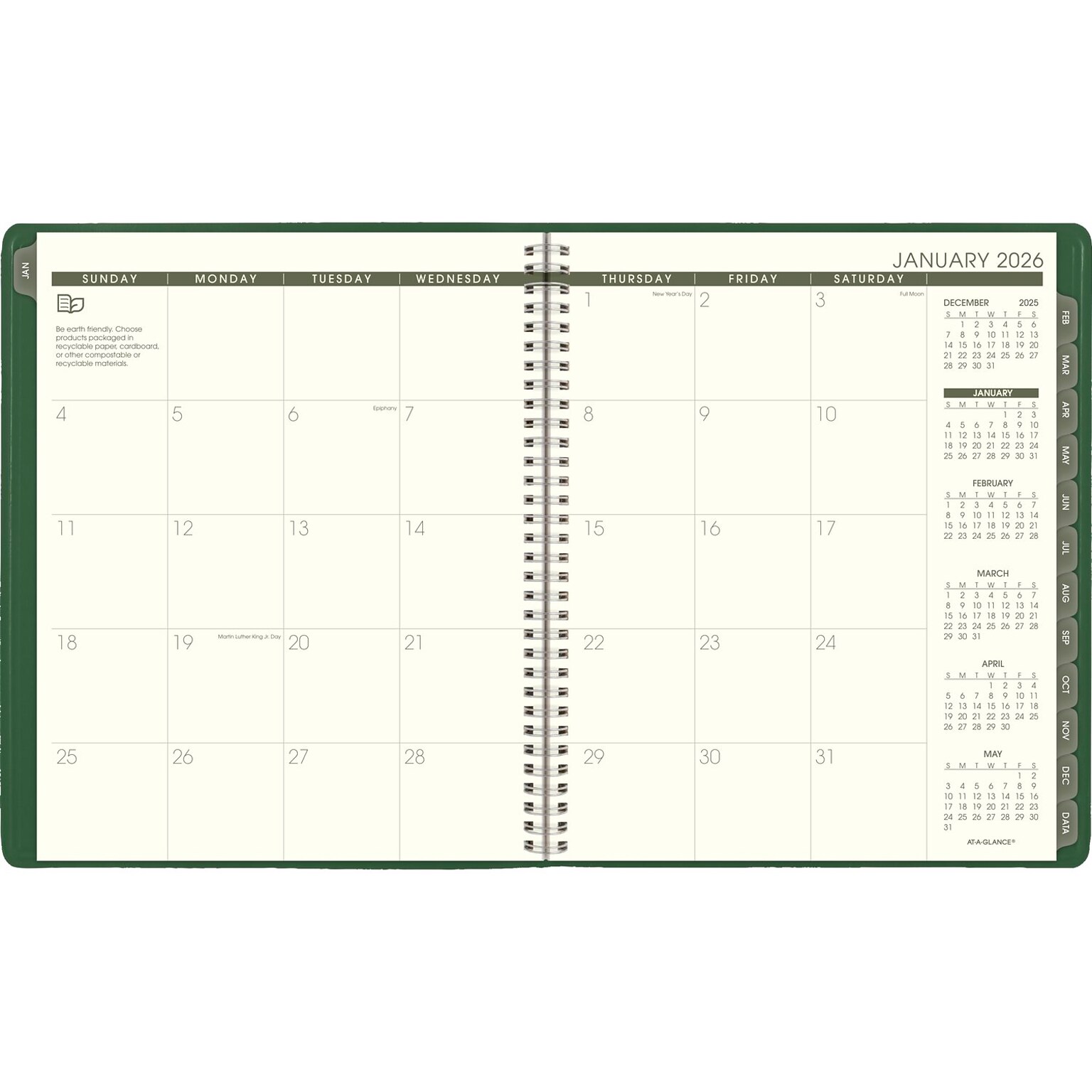 2026 AT-A-GLANCE Recycled 9 x 11 Monthly Planner, Faux Leather Cover, Green (70-260G-60-26)