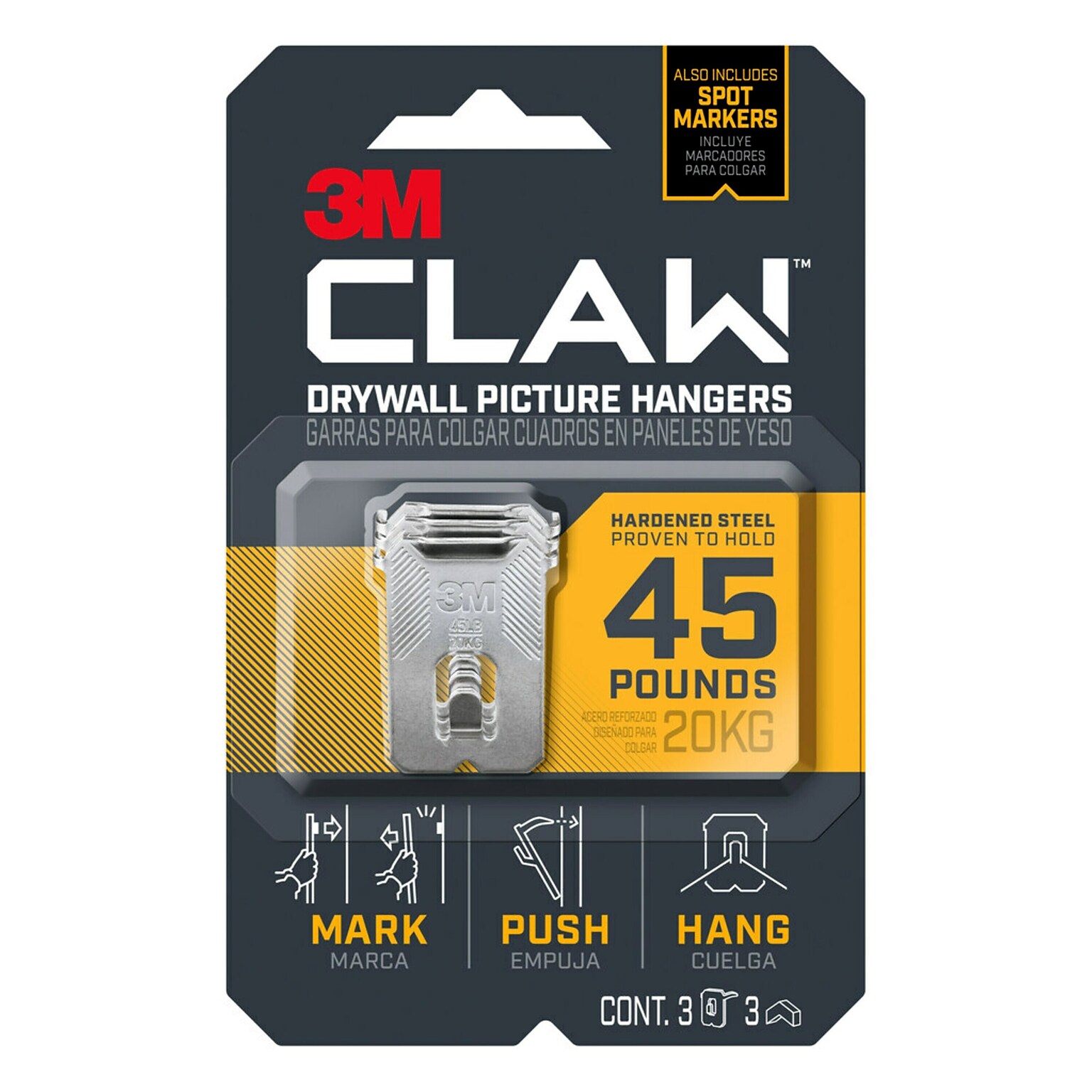 3M CLAW Jumbo Picture Hanger, 45 lbs., Silver, 3/Pack (3PH45M-3ES)