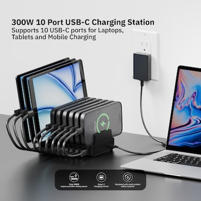 CODi 10 Port USB-C Charging Station, 300W, Black (CS-10Port-C)