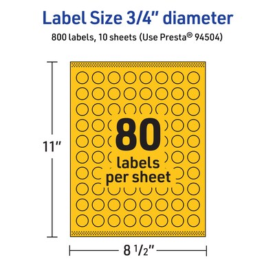 Avery Laser/Inkjet Round Multipurpose Labels, 0.75" Dia., Bright Yellow, 800/Pack (94504)