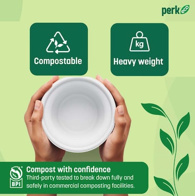 Perk Eco 12 Oz Compostable Paper Bowls, 125 Count Bulk Disposable Bowls for Soups, Snacks & Everyday Meals, White