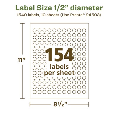 Avery EcoFriendly Laser/Inkjet Circle Multipurpose Labels, 1/2" Dia., White, 1540/Pack (94503)