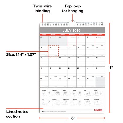 2026-2027 Staples 8 x 11 Academic Monthly Wall Calendar, White/Red/Gray (ST62815-27)