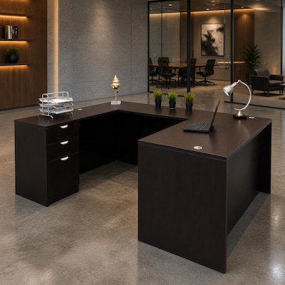 Boss Office Products 66" U-Shaped Desk with File Pedestal, Mocha (GROUPA13-MOC)