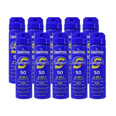 Coppertone Sport SPF50 Aerosol Sunscreen, 1.6 oz Travel Size Can, 10 Cans/Bag, 12 Bags/Carton