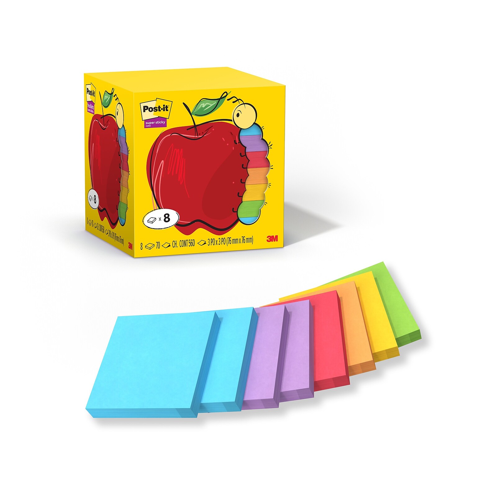 Post-it Super Sticky Notes, 3 x 3, Assorted Bright Colors, 70 Sheets/Pad, 8 Pads/Pack (654-8SSAP)
