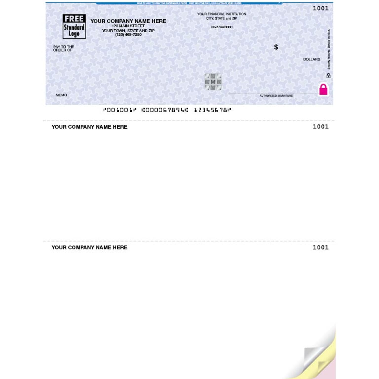 Custom High Security Laser Top Check, 1 Ply, 1 Color Printing, 8-1/2 x 11, 500/Pk