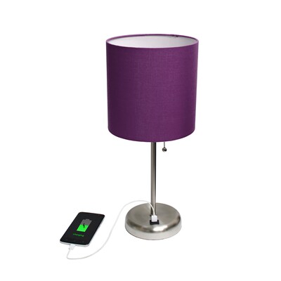 Creekwood Home Oslo 19.5" LED Table Lamp with USB Port, Brushed Steel/Purple Shade (CWT-2012-PR)