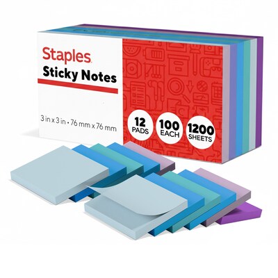 Staples Sticky Notes, 3 x 3, Marina Collection, 100 Sheets/Pad, 12 Pads/Pack (19758-US)