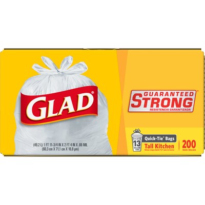 Glad 13 Gallon Kitchen Trash Bag, 4.5" x 9", Low Density, 0.66 mil, White (15931)