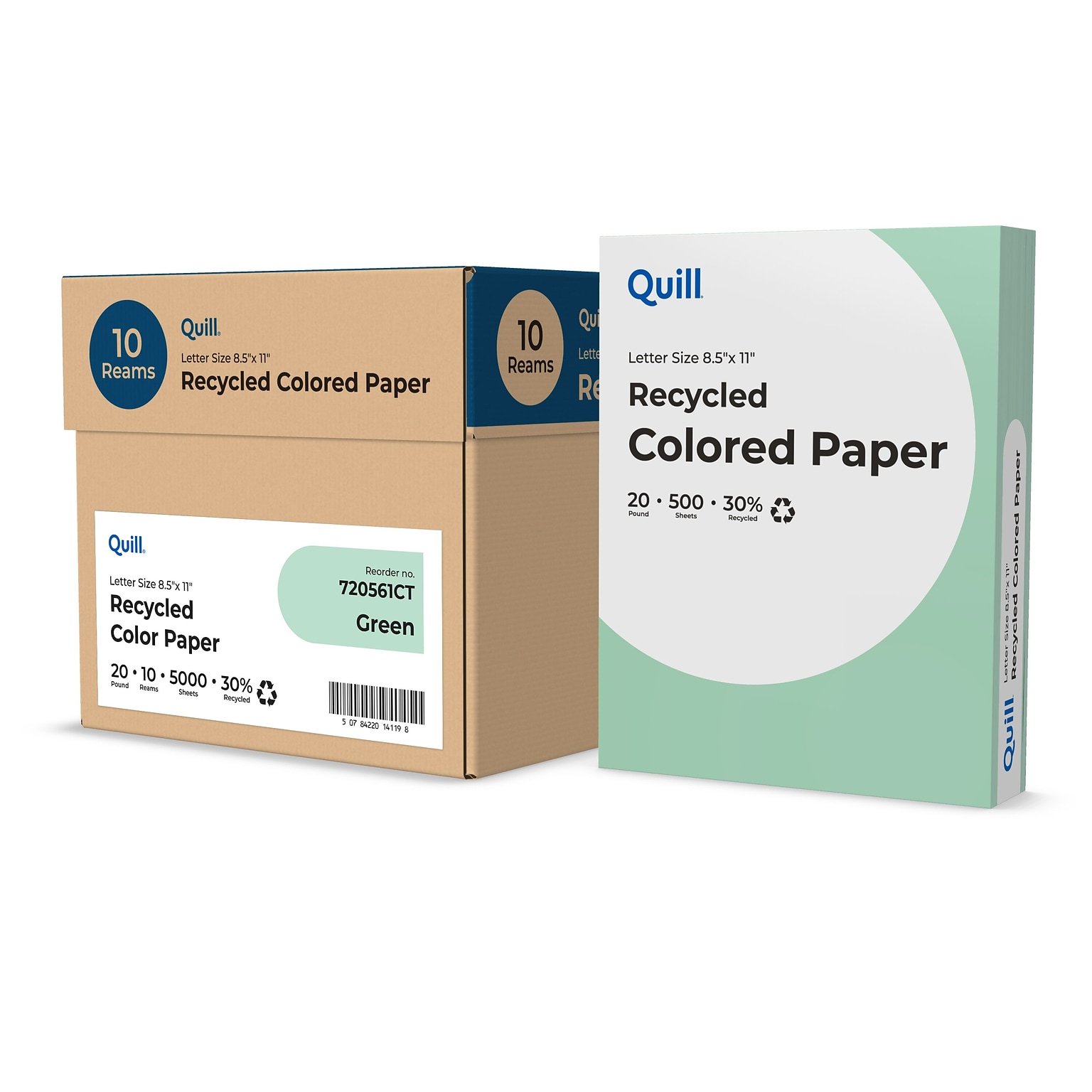 Quill Brand® 30% Recycled Colored Multipurpose Paper, 20 lbs., 8.5 x 11, Green, 500 Sheets/Ream, 10 Reams/Carton (720561CT)