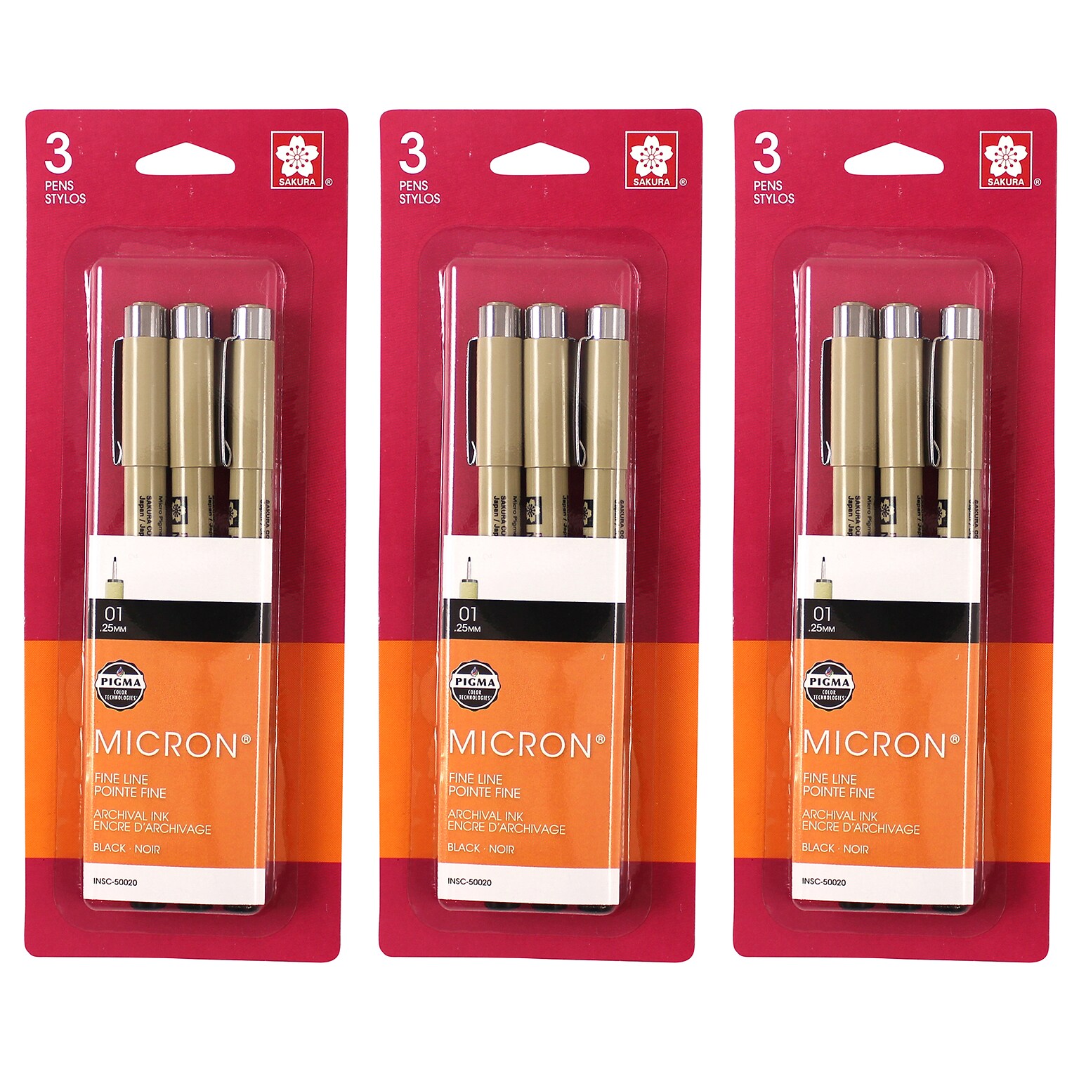 Sakura Pigma Micron Pen, Fineliner, Black Ink, 3/Bundle (SAK50020-3)