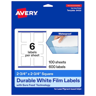 Avery Laser/Inkjet Square Waterproof Multipurpose Labels, 2.75  x 2.75, White, 600/Box (94109)