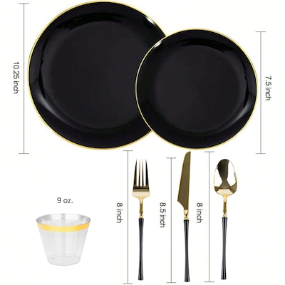 Round Elama Plastic Dinnerware Set, Black/Golg, 150 Piece (935123351M)