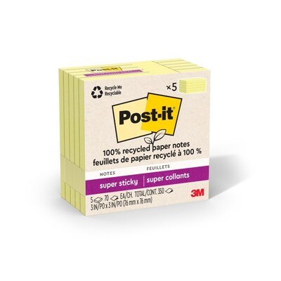 Post-it Recycled Super Sticky Notes, 3 x 3, Canary Collection, 70 Sheets/Pad, 5 Pads/Pack (654R-5S