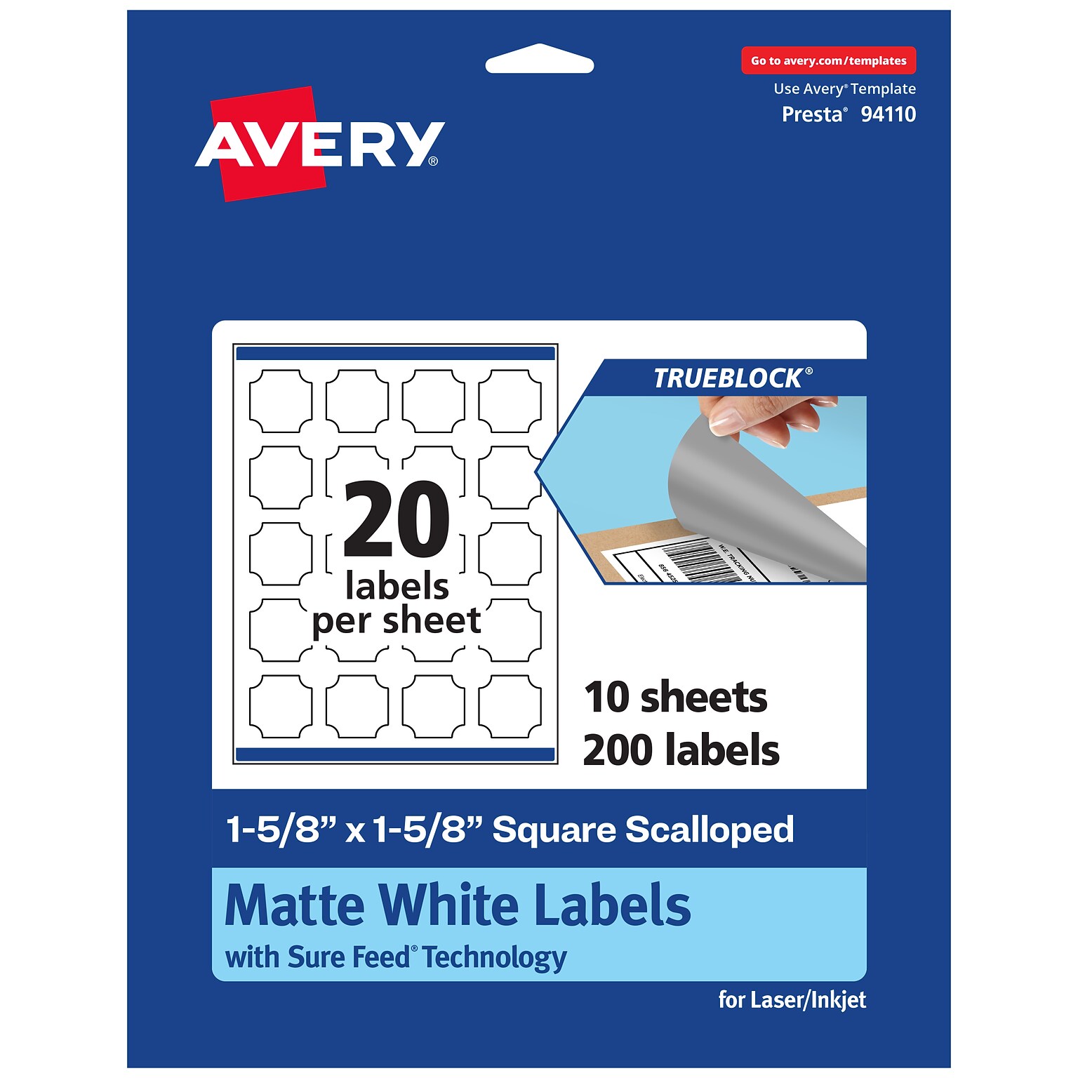Avery TrueBlock Laser/Inkjet Decorative Edge Multipurpose Labels, 1-5/8 x 1-5/8, White, 200/Pack (94110)
