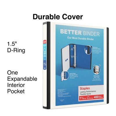 Staples® Better 1-1/2" 3 Ring View Binder with D-Rings, White (24061)