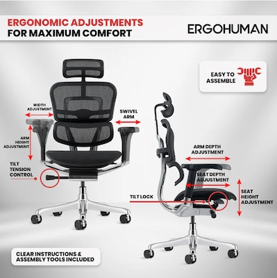 Eurotech Ergohuman Gen2 High-Back Mesh Office Chair w/ Headrest, Black (ME7ERG-GEN2-BLK)