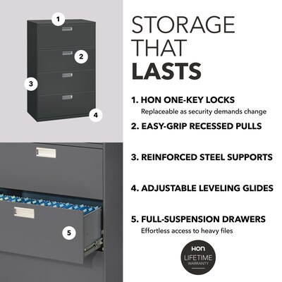 HON Brigade 600 Series 4-Drawer Lateral File Cabinet, Locking, Letter/Legal, Charcoal, 36"W (H684.L.S)