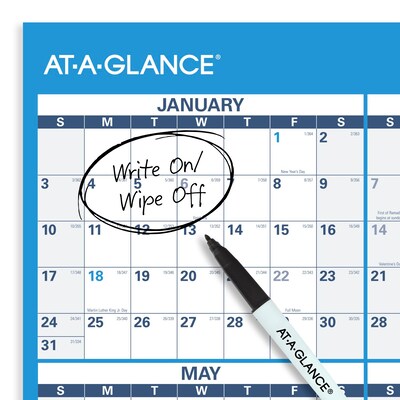 2027 AT-A-GLANCE 48" x 32" Yearly Wet-Erase Wall Calendar, Reversible, White/Blue (PM300-28-27)
