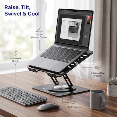 Uncaged Ergonomics Adjustable Swivel Laptop Stand for Desk, Steel, 360° Rotation, Up to 16", Black