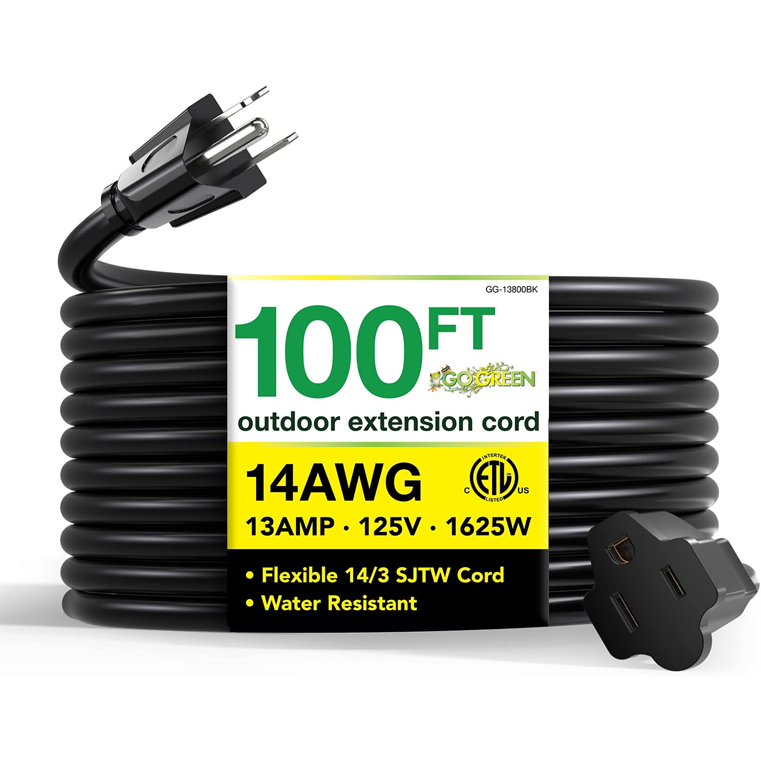 GoGreen Power 100 Indoor/Outdoor Extension Cord, 14 AWG, Black (GG-13800BK)