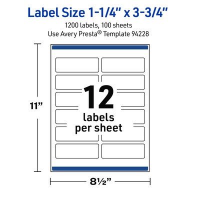 Avery Rectangle Laser Multipurpose Labels, 1.25" x 3.75", White, 1200/Box (19479399271)