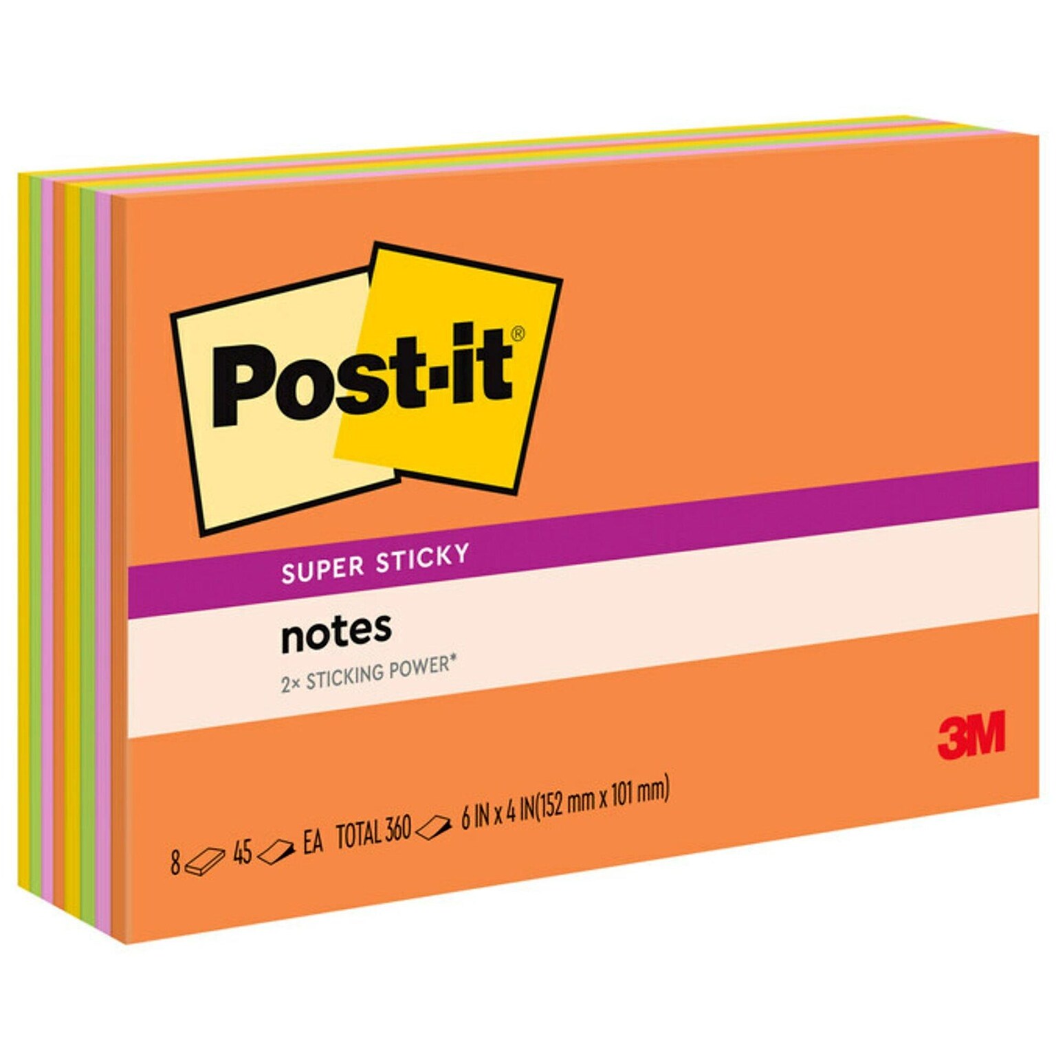 Post-it Super Sticky Notes, 4 x 6, Energy Boost Collection, 45 Sheet/Pad, 8 Pads/Pack (6445SSP)