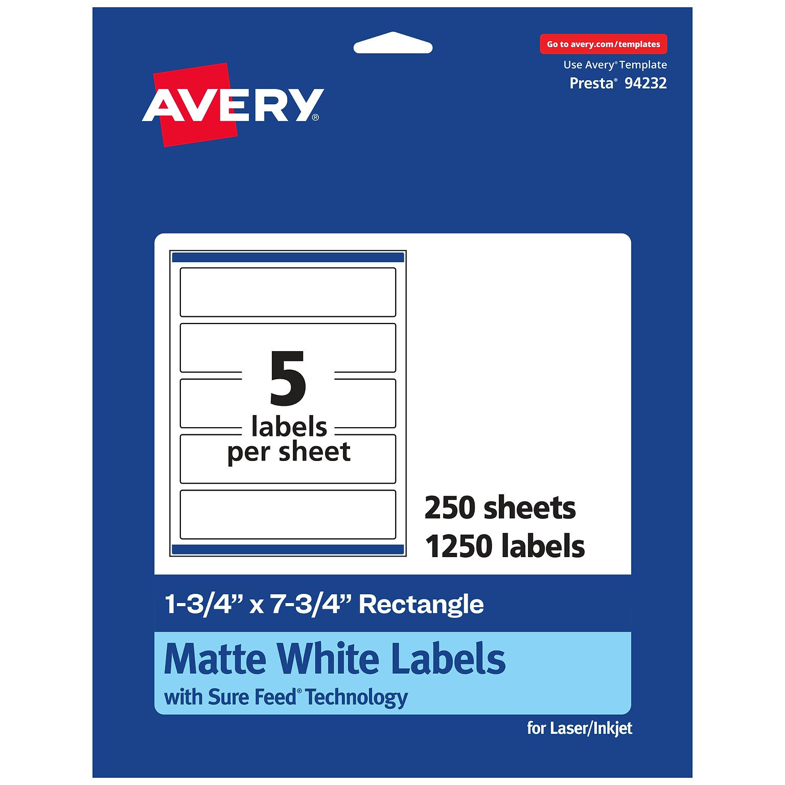 Avery Laser/Inkjet Multipurpose Labels, 1.75 x 7.75, White, 5 Labels/Sheet, 250 Sheets/Pack (94232-WMP250)