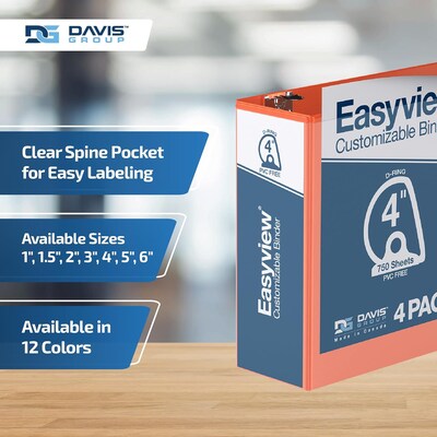 Davis Group Easyview Premium 4" Angle D Ring, Customizable, View Binder, Orange, 4/Pack (8406-19)