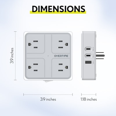 Overtime E63 7-in-1 Wall Outlet Surge Protector Extender with 4 AC Outlets, 2 USB-A & 1 USB-C Ports, White (OWPE63WH)