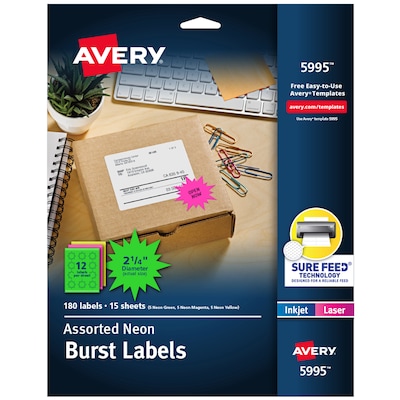 Avery Sure Feed Laser Burst Label, 2 1/4 Dia, Assorted Neon, 180 Labels/Pack (5995)