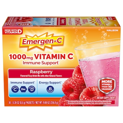 Emergen-C Vitamin C 1000mg Immune Support Powder, Raspberry, 30 Packets/Box (130201)