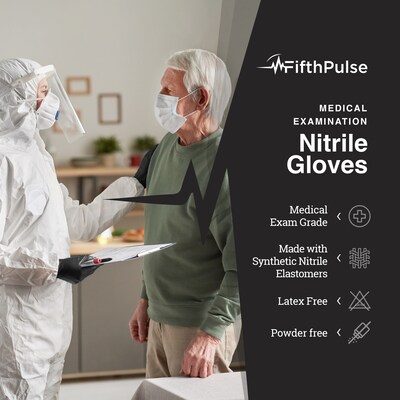 Fifth Pulse Powder Free Nitrile Exam Gloves, Latex Free, Large, Black, 100 Gloves/Box (FMN100003)