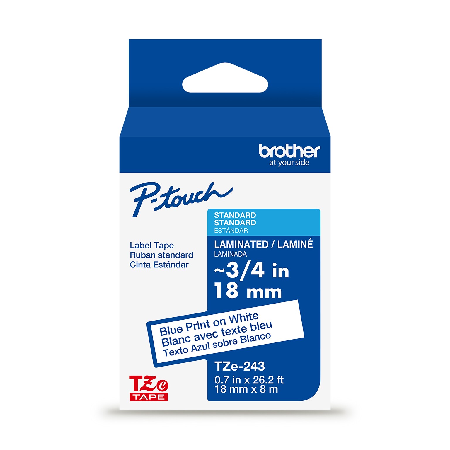 Brother P-touch Laminated Label Tape, ~3/4 x 26.2, Blue on White (TZe243)