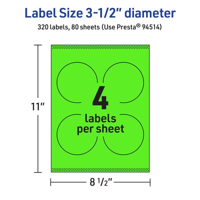 Avery Laser/Inkjet Multipurpose Circle Labels, 3.5" Dia., Neon Green, 320/Box (94514)
