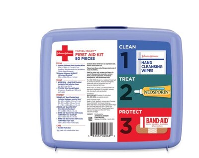 Johnson & Johnson Red Cross Travel Ready Portable Emergency First Aid Kit, 80 Pieces, Plastic Case (