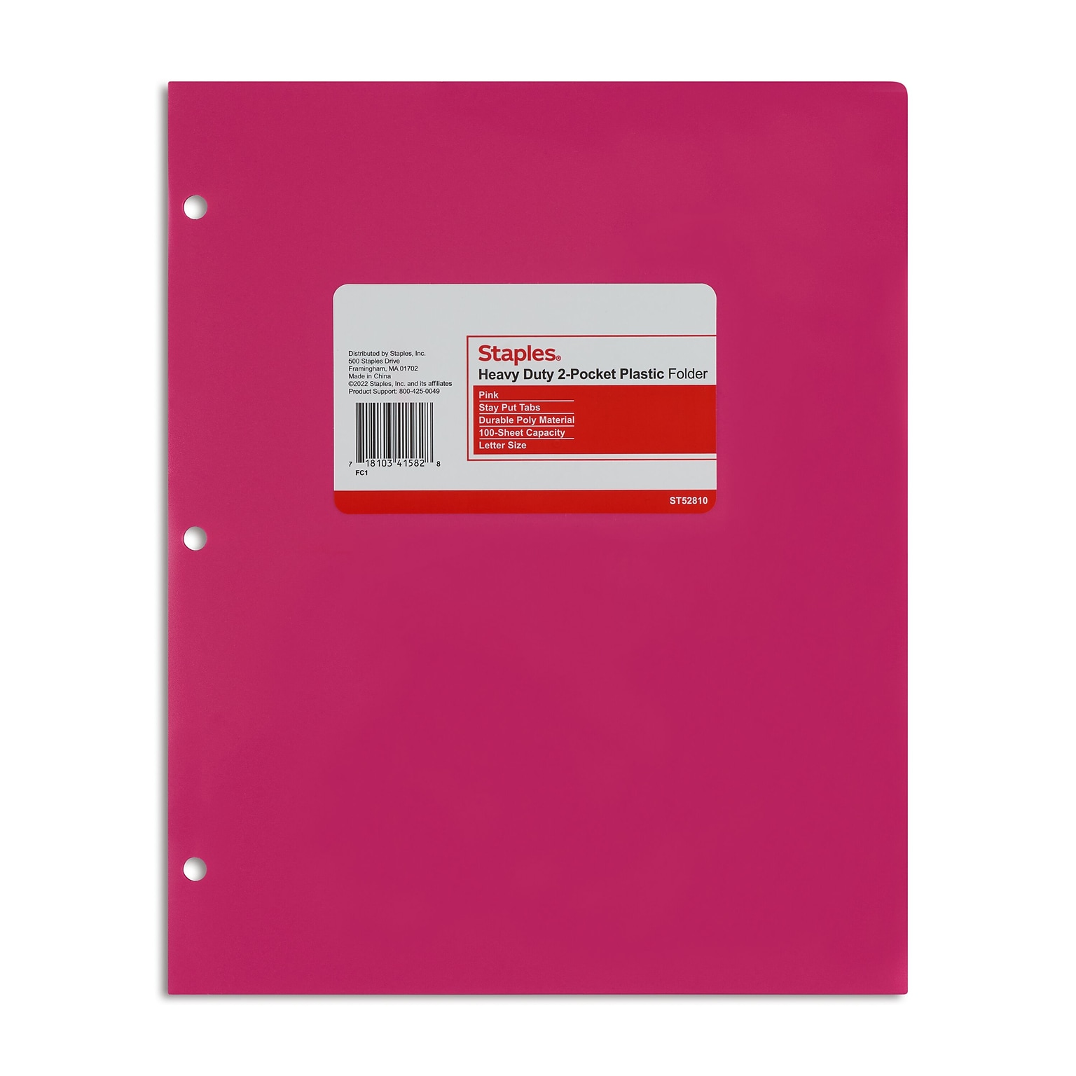 Staples® 3-Hole Punched 2-Pocket Portfolios, Pink (52810)