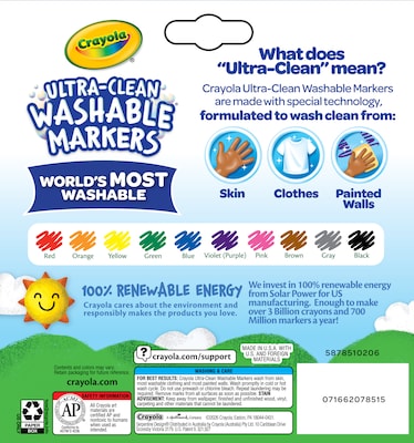 Crayola Ultra-Clean Washable Markers, Broad, Assorted Colors, 10/Pack (58-7851)