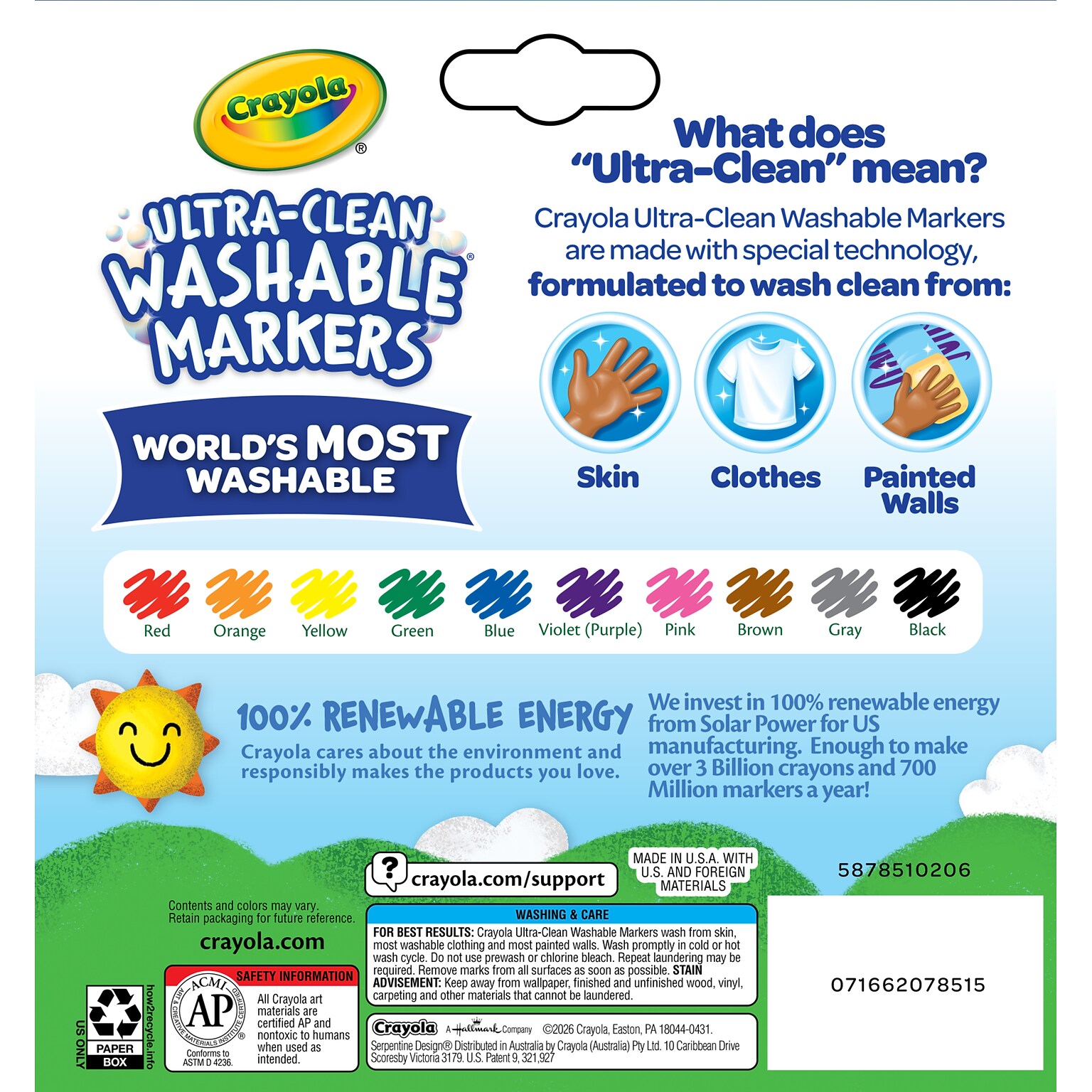 Crayola Ultra-Clean Washable Markers, Broad, Assorted Colors, 10/Pack (58-7851)