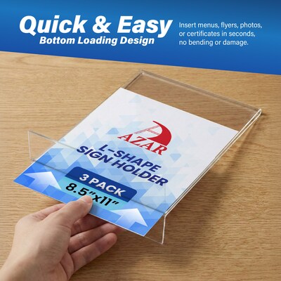 Azar 8.5" x 11" Sign Holder, Desktop/Countertop, Bottom Loading, Plastic, 3/Pack (152430-3PK)