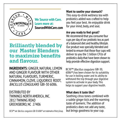 Twinings Probiotics+ Herbal Lemon & Ginger Tea, Keurig® K-Cup® Pods, 24/Box (F16930)