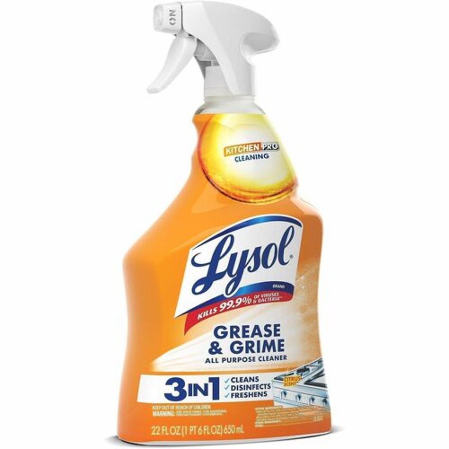 Lysol Kitchen Pro Antibacterial Grease & Grime All Purpose Cleaner, Citrus Scent, 22 oz. Spray Bottle (RAC79556)