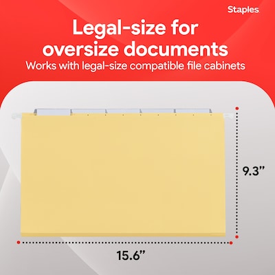 Staples Heavy Duty Reinforced Hanging File Folders, 1/5-Cut Tab, Legal Size, Assorted Colors, 25/Box (ST18657-CC)