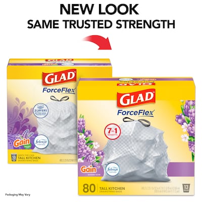 Glad ForceFlex Tall 13 Gallon Drawstring Kitchen Trash Bag, Gain Lavender with Febreze Freshness, Gray, 80 Total Bags (78533)