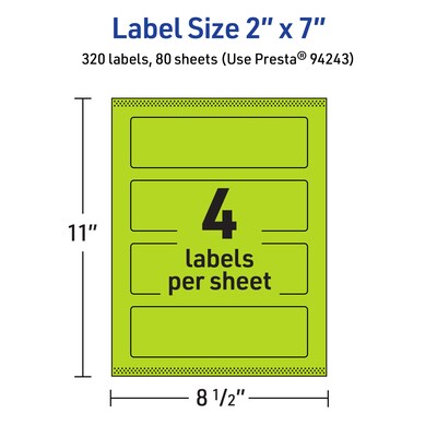 Avery Printable Rectangle Multipurpose Labels, 2" x 7", Bright Green, 320/Box (94243)