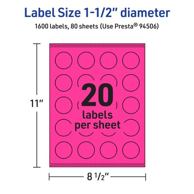 Avery Laser/Inkjet Round Multipurpose Labels, 1.5" Dia., Neon Magenta, 1600/Box (94506)